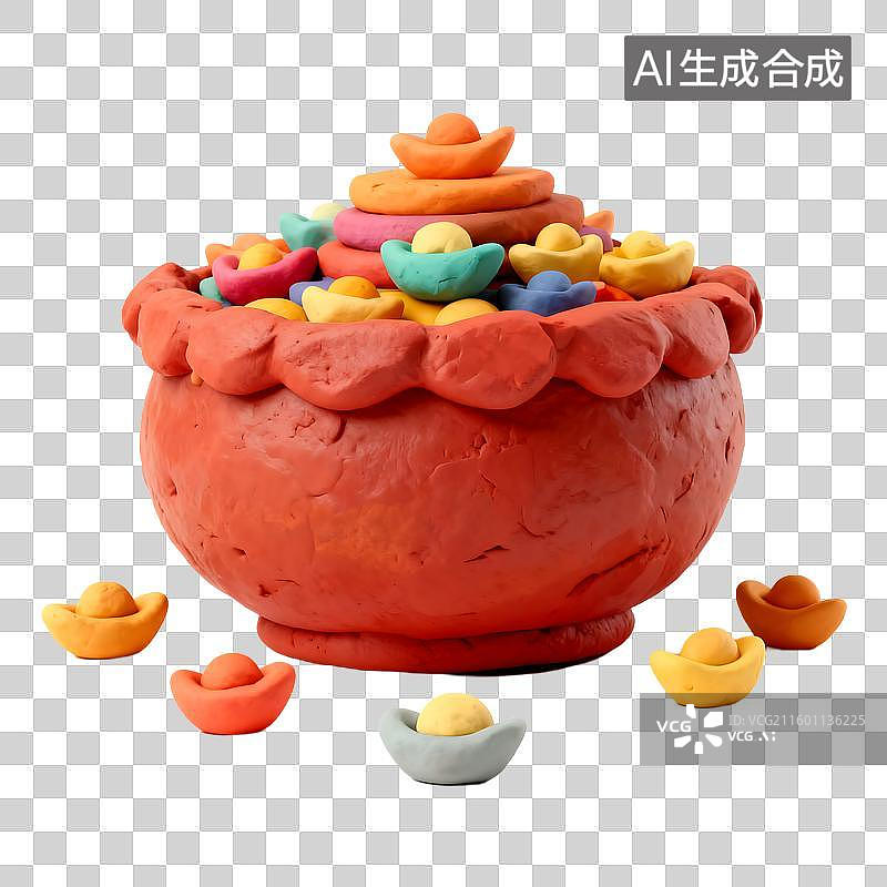【AI数字艺术】色彩丰富的粘土碗与小元宝图片素材