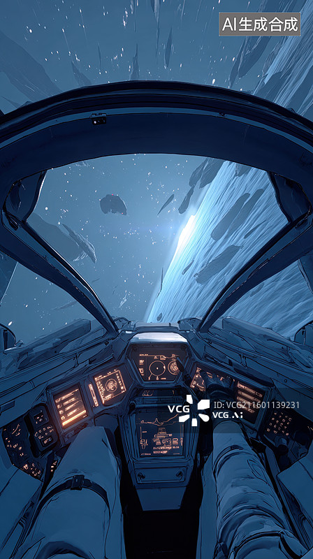 【AI数字艺术】太空飞船驾驶舱内部视角图片素材