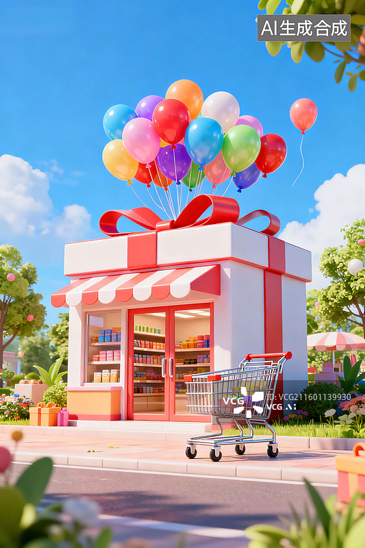 【AI数字艺术】彩色气球与礼物盒造型商店图片素材