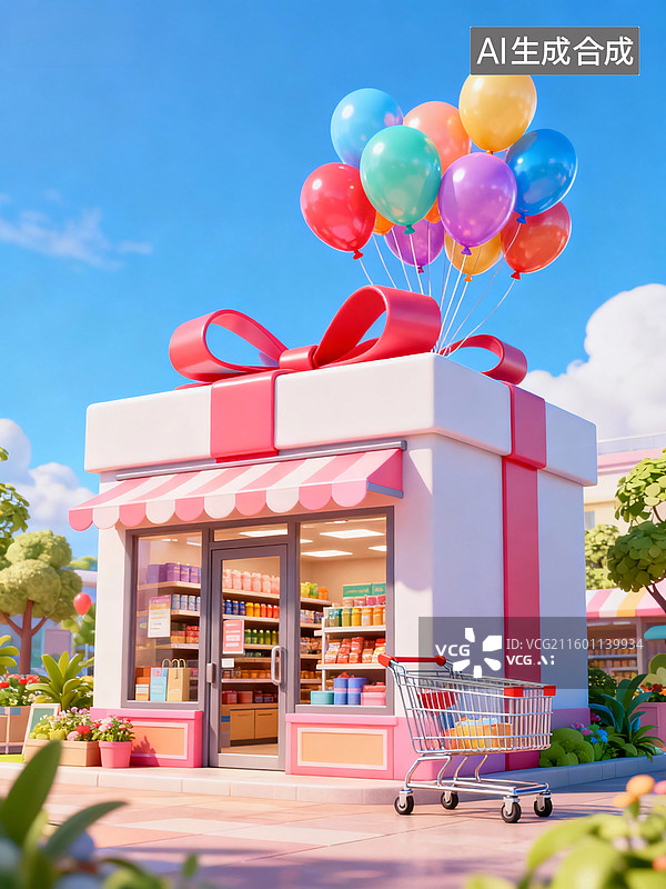 【AI数字艺术】彩色气球与礼物盒造型商店图片素材
