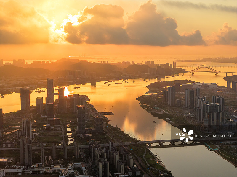 广州市南沙区明珠湾灵山岛尖、横沥岛尖、蕉门水道日出图片素材