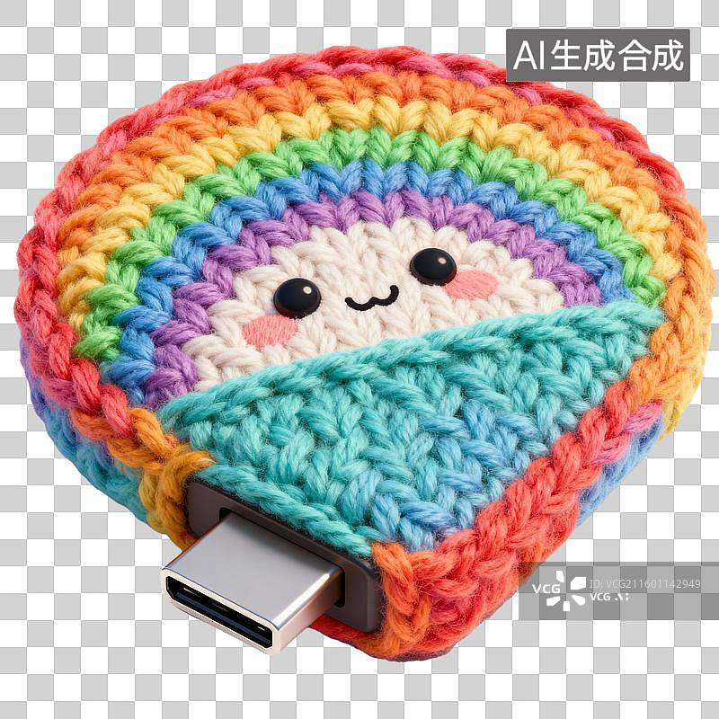 【AI数字艺术】针织风办公用品：3D 彩虹针织卡通U盘设计素材图片素材