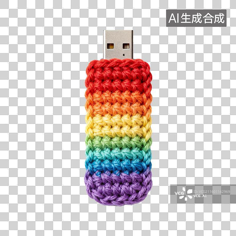 【AI数字艺术】针织风办公用品：3D 彩虹针织卡通U盘设计素材图片素材