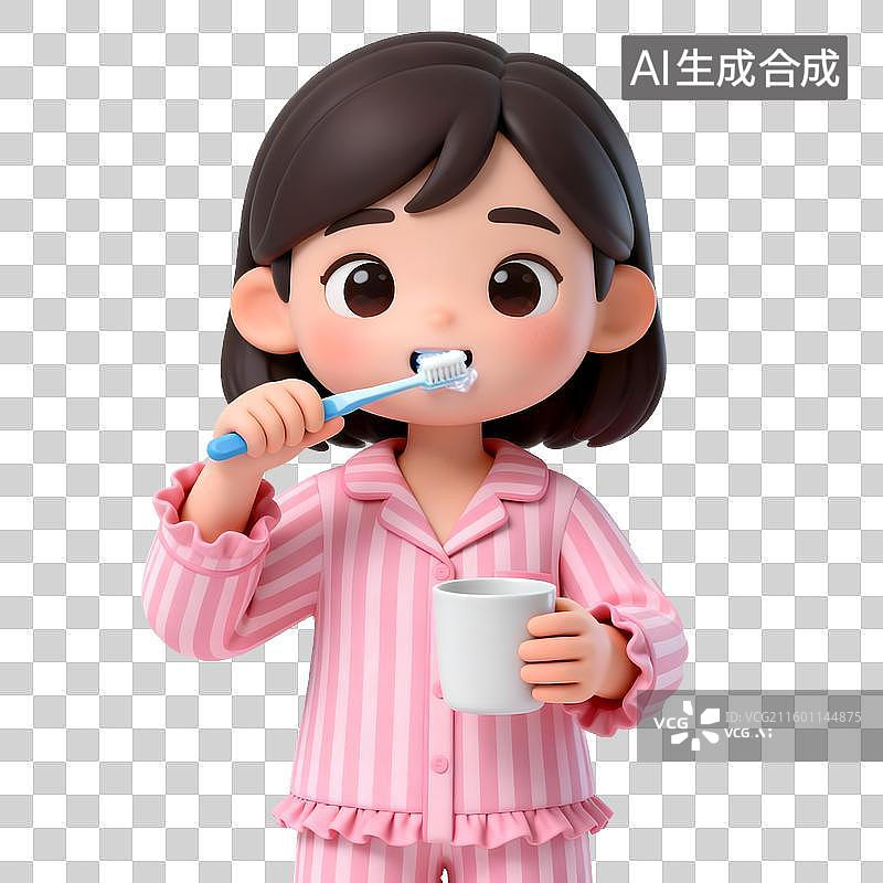 【AI数字艺术】刷牙的小女孩3D卡通免抠元素图片素材
