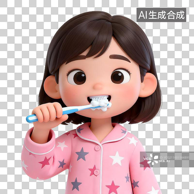【AI数字艺术】刷牙的小女孩3D卡通免抠元素图片素材