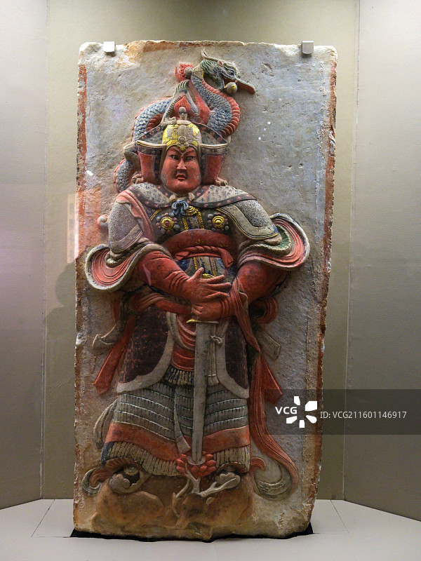 彩绘武士浮雕 五代 曲阳县灵山镇西燕川村王处直墓出土 中国国家博物馆“惠世天工-河北曲阳石雕艺术展”图片素材
