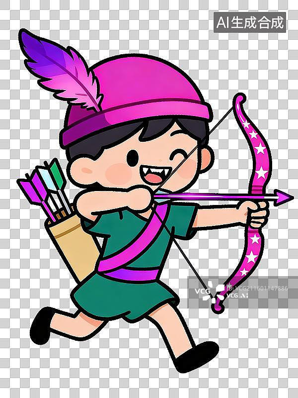 【AI数字艺术】射手座Q版2D描边风格插画十二星座造型系列自由射手探险之旅羽毛帽箭袋拉弓奔跑简笔画卡通形象图片素材