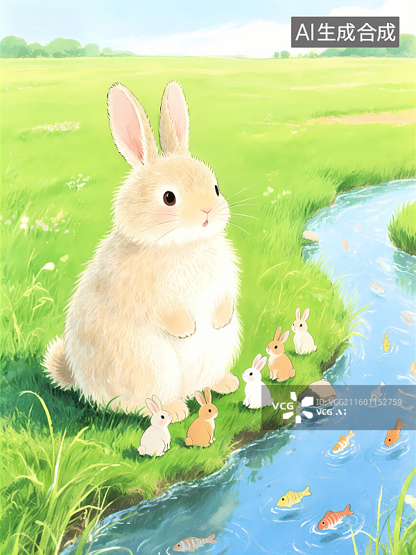 【AI数字艺术】儿童插画 兔妈妈和小兔子在河边图片素材