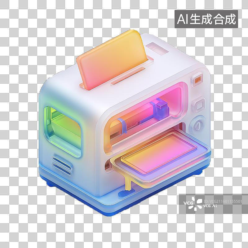 【AI数字艺术】3D酸性风格透明质感3D打印机图标渐变色科技办公免抠元素透明底PNG图片素材