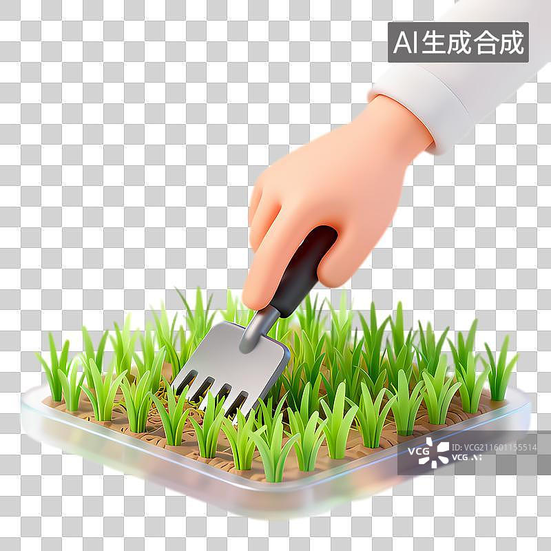 【AI数字艺术】手用小耙子照料托盘绿植图片素材