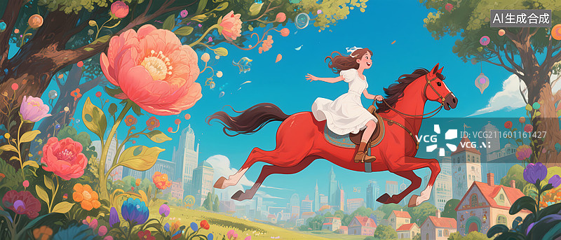 【AI数字艺术】马年插画 骑着红马的女孩图片素材