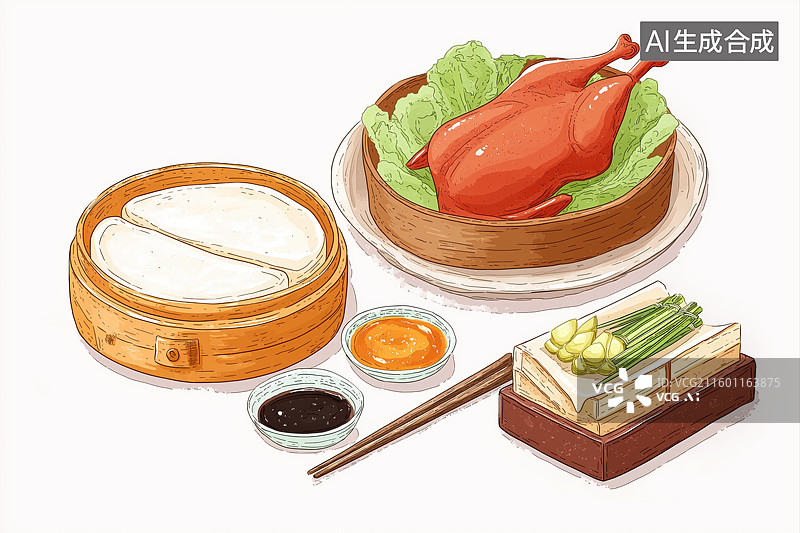 【AI数字艺术】中式烤鸭配面饼与蘸料图片素材