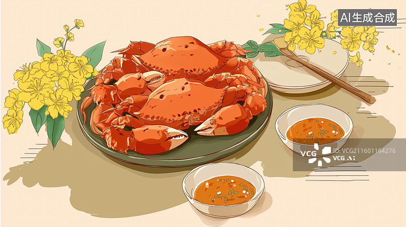 【AI数字艺术】蒸蟹配花与蘸酱图片素材