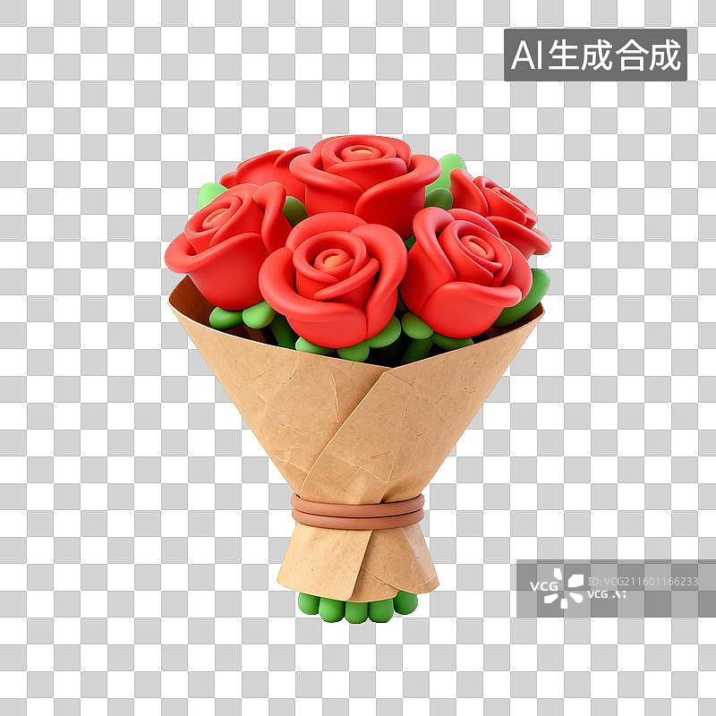 【AI数字艺术】3D情人节元素：3D 卡通牛皮纸红玫瑰束设计素材图片素材
