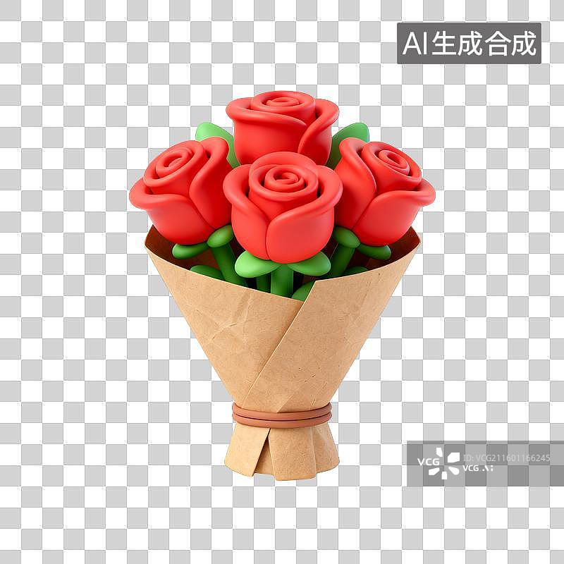 【AI数字艺术】3D情人节元素：3D 卡通牛皮纸红玫瑰束设计素材图片素材