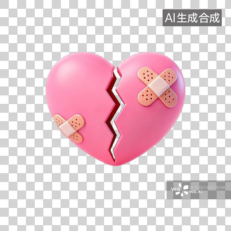 【AI数字艺术】3D情人节元素：3D 卡通粉破碎爱心创可贴设计素材图片素材