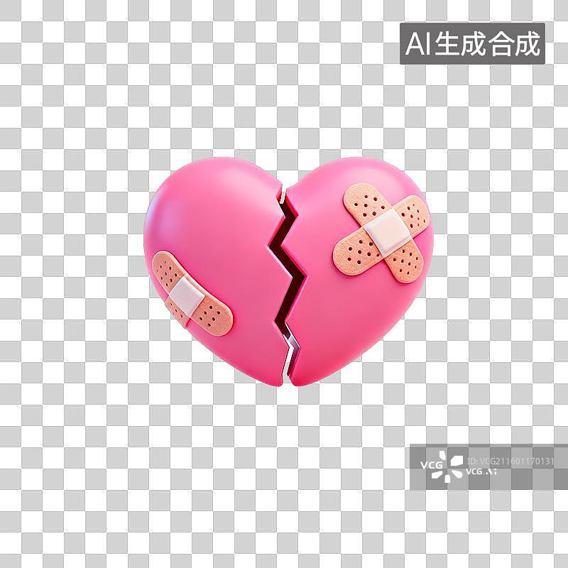 【AI数字艺术】3D情人节元素：3D 卡通粉破碎爱心创可贴设计素材图片素材
