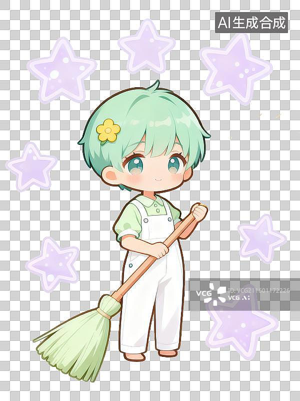 【AI数字艺术】处女座Q版2D描边风格插画十二星座造型系列戴着小花发卡手持小扫帚爱干净小仙女浅绿色调环绕整洁小星星卡图片素材