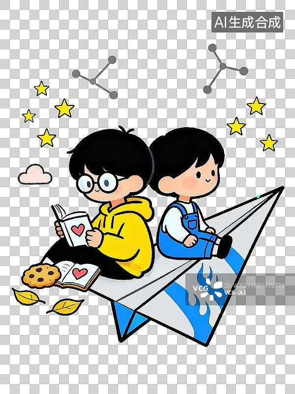 【AI数字艺术】双子座Q版2D描边风格插画十二星座造型系列双生儿一个看书一个玩纸飞机温馨卡通形象绘本图片素材