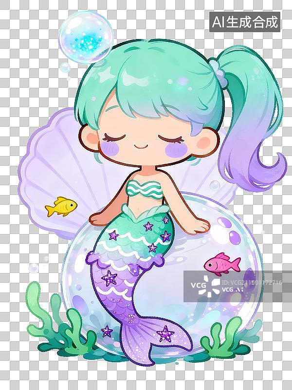 【AI数字艺术】双鱼座梦幻少女海洋Q版2D描边风格插画十二星座造型系列闭眼微笑身穿鱼尾裙周围有小鱼在泡泡中游动卡通图片素材