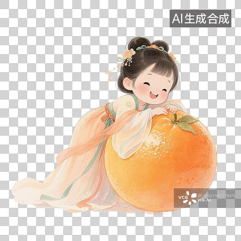 【AI数字艺术】国风手绘插画，水果，汉服女孩和橘子，沃柑，秋天美食免抠元素图片素材