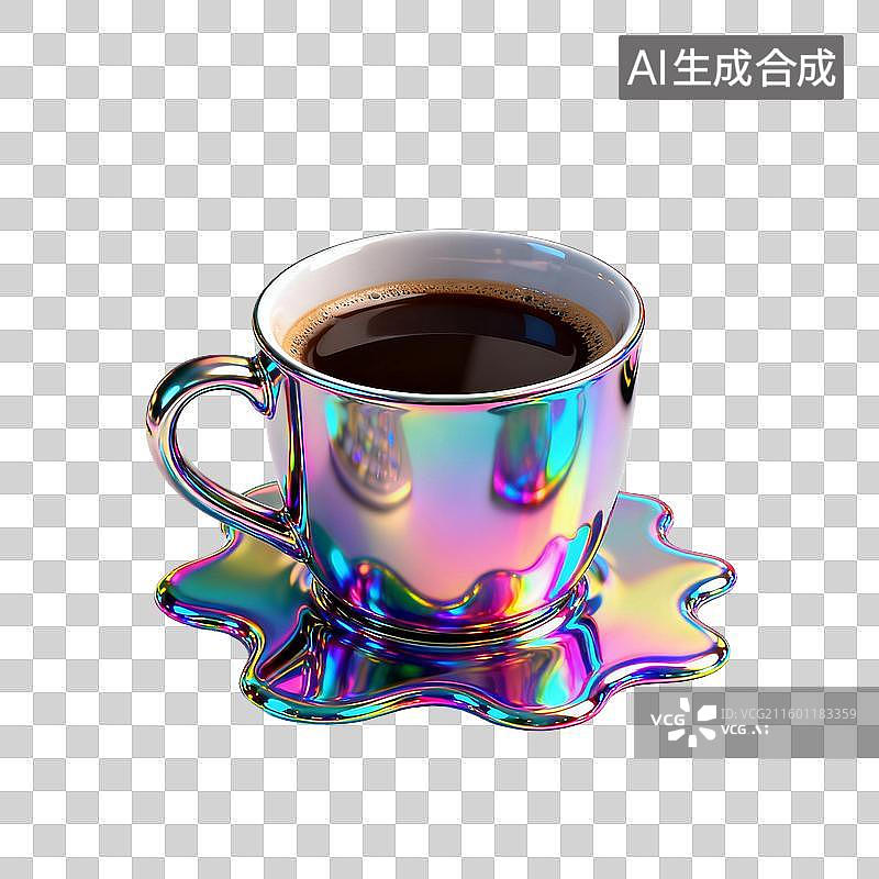 【AI数字艺术】彩虹光泽咖啡杯与溢出的液体图片素材