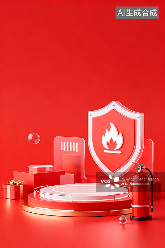 【AI数字艺术】产品展台红色灭火器火苗护盾全国消防日三维图图片素材