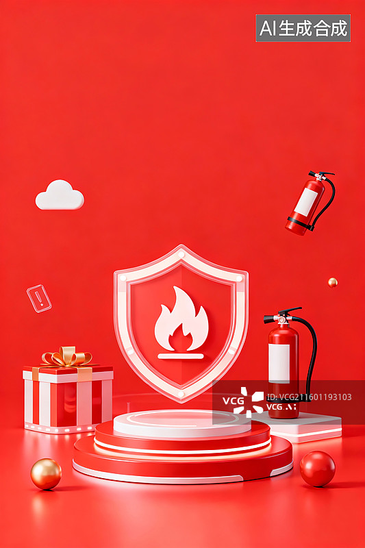 【AI数字艺术】产品展台红色灭火器火苗护盾全国消防日三维图图片素材