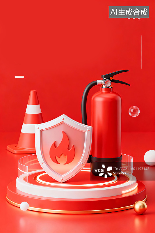 【AI数字艺术】产品展台红色灭火器火苗护盾全国消防日三维图图片素材