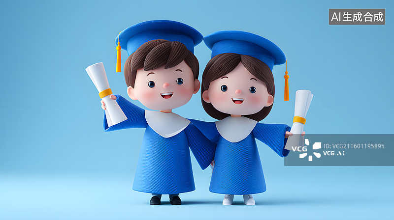 【AI数字艺术】两个穿学士服的可爱学生手里拿着通知书图片素材