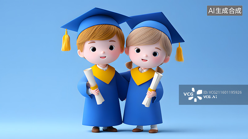 【AI数字艺术】两个穿学士服的可爱学生手里拿着通知书图片素材