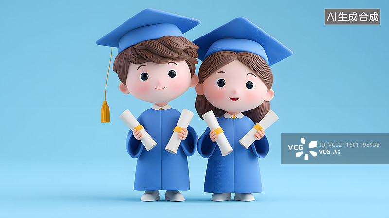 【AI数字艺术】两个穿学士服的可爱学生手里拿着通知书图片素材
