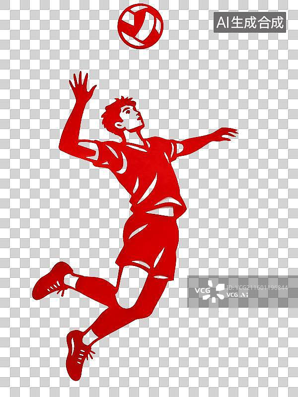【AI数字艺术】剪纸艺术：排球，排球运动，国家队，扣球，跳图片素材