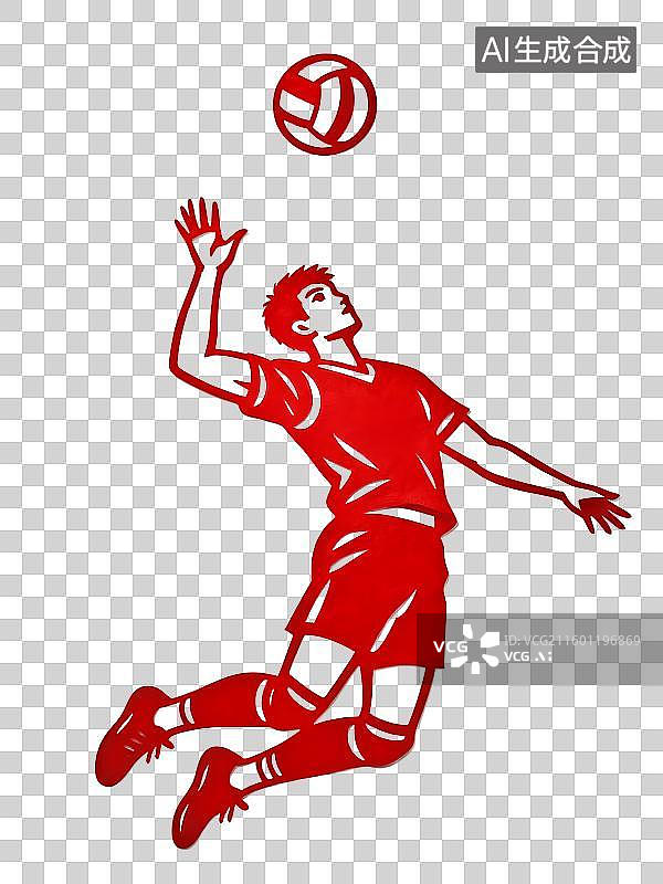 【AI数字艺术】剪纸艺术：排球，排球运动，国家队，扣球，跳图片素材