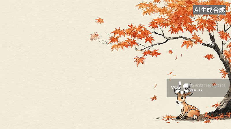 【AI数字艺术】秋日树下静坐的小鹿图片素材