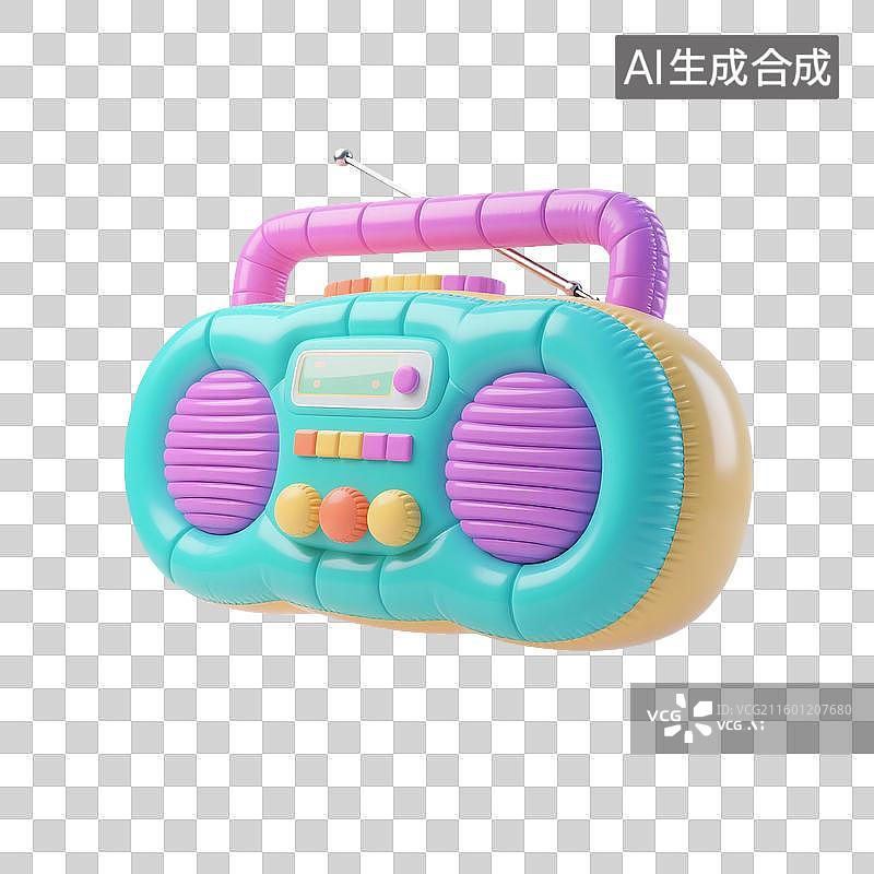 【AI数字艺术】3D渲染，充气膨胀风格，收音机，录音机，音频播放器，多媒体，免抠元素图片素材