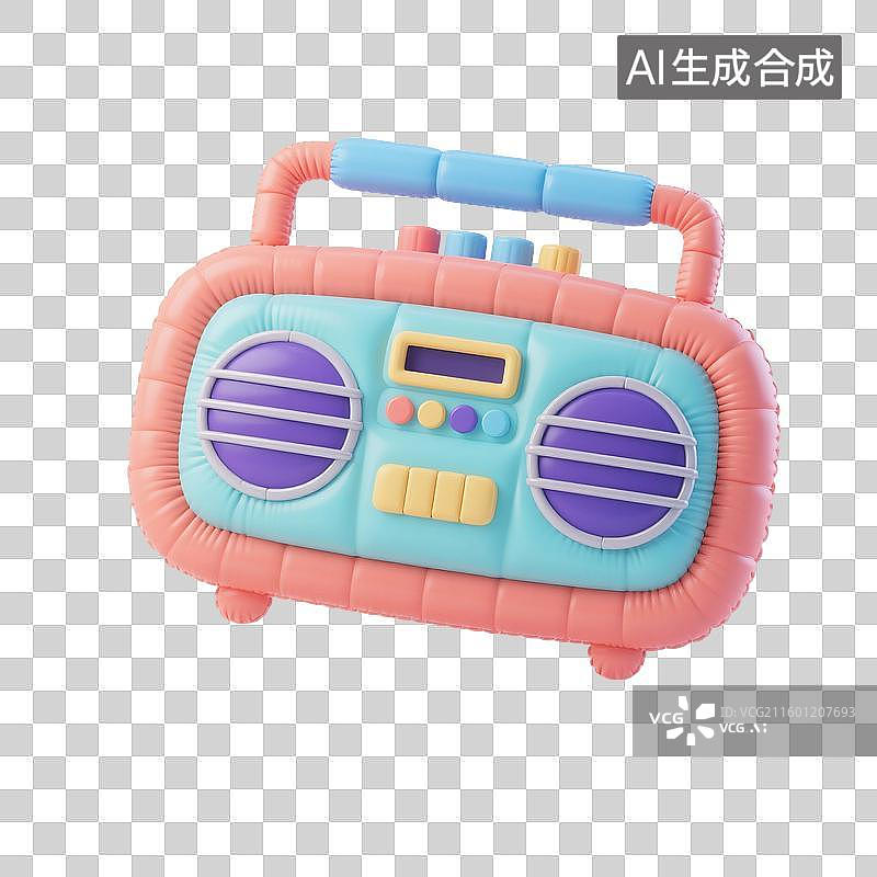 【AI数字艺术】3D渲染，充气膨胀风格，收音机，录音机，音频播放器，多媒体，免抠元素图片素材