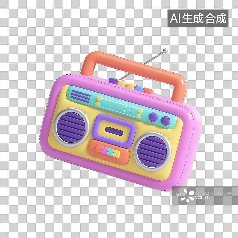 【AI数字艺术】3D渲染，充气膨胀风格，收音机，录音机，音频播放器，多媒体，免抠元素图片素材