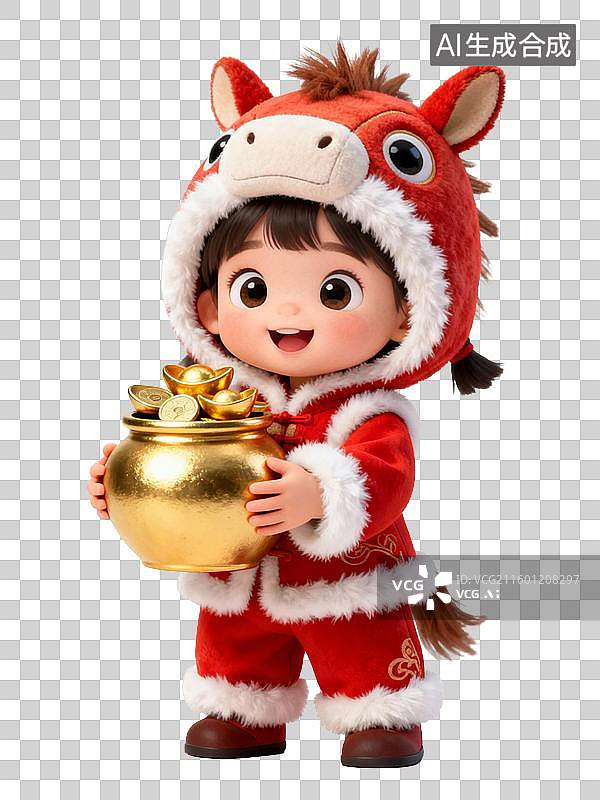 【AI数字艺术】3D 卡通马年生肖福娃聚宝盆贺岁素材图片素材