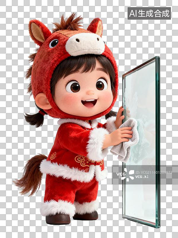 【AI数字艺术】3D 卡通马年生肖福娃扫尘擦玻璃贺岁素材图片素材