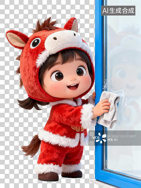 【AI数字艺术】3D 卡通马年生肖福娃扫尘擦玻璃贺岁素材图片素材