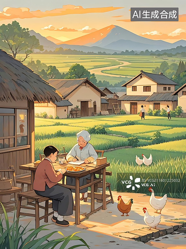 【AI数字艺术】田园夕阳村舍生活图片素材