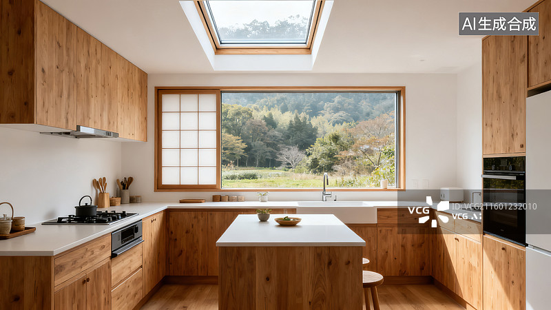 【AI数字艺术】自然质朴的木质橱柜天窗大窗户绿植景观厨房图片素材