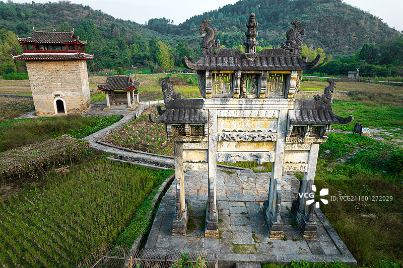 航拍广西桂林市灌阳县文市镇月岭古民居建筑群图片素材