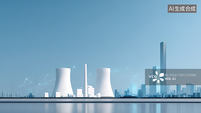 【AI数字艺术】核电站火电厂全息投影科技风插画——能源互联网新型电力系统概念图片素材