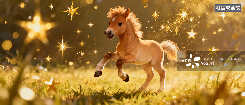 【AI数字艺术】小马在星光草地上奔跑图片素材