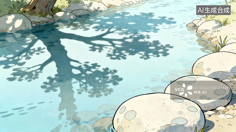 【AI数字艺术】溪流石径树影倒映图片素材