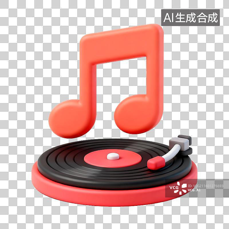 【AI数字艺术】红色复古唱片机与音符3D图标设计图片素材