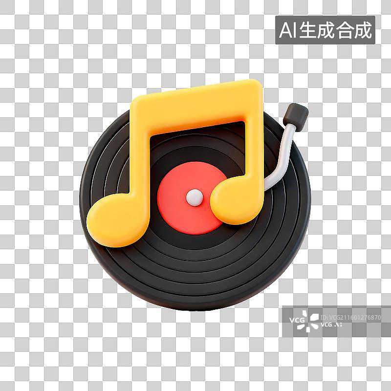 【AI数字艺术】黄色音符与黑胶唱片结合的音乐主题图标图片素材