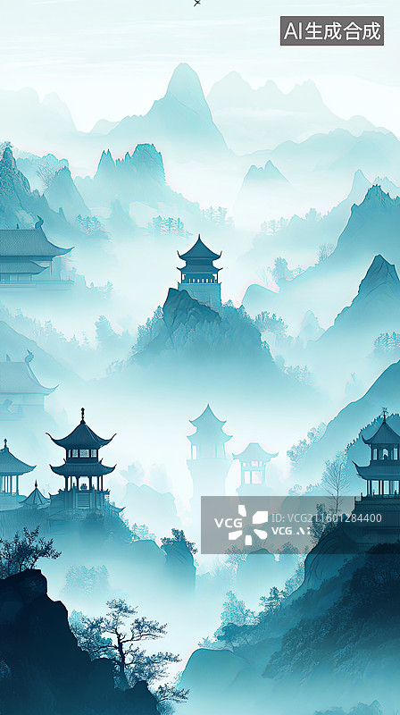 【AI数字艺术】雾中古塔山峦图图片素材